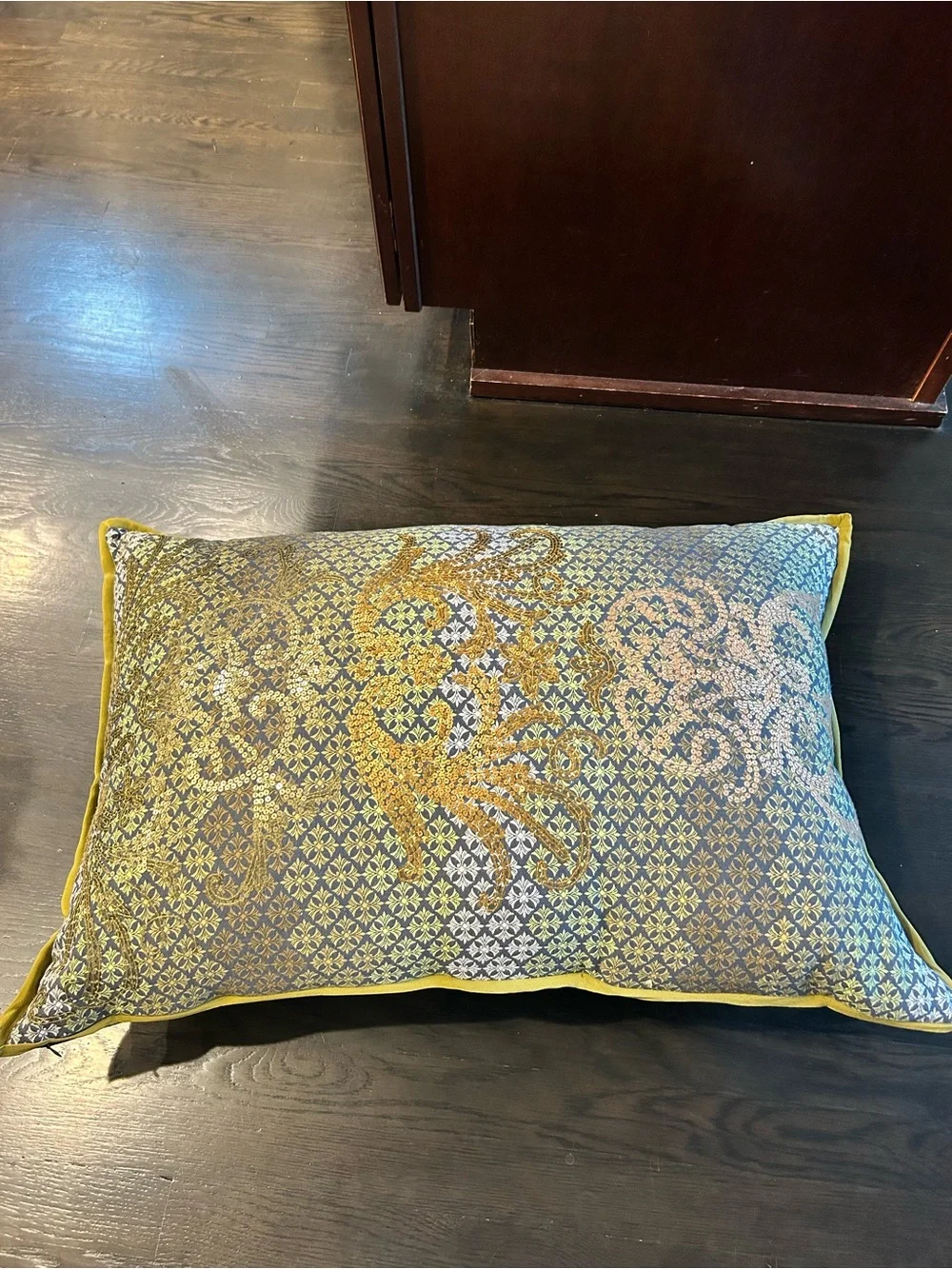 Anthropologie Gold, Blue, green Ornate Embroidered Accent Pillow 20x30.